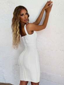 Summer Elegant Spaghetti Strap V Neck Short Bodycon Dress Women Ribbed Bandage Dress Sexy White Night Out Cocktail Party Dress Clothes - White - View 10