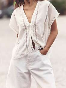 Women Summer Boho Tie Front Tank Top Lace Beach Vacation Y2k Coquette Button Down Short Sleeve Blouse Low Cut V-Neck Flowy Peplum Shirt Crop Tops Going Out Tops - 白色 - 查看 4