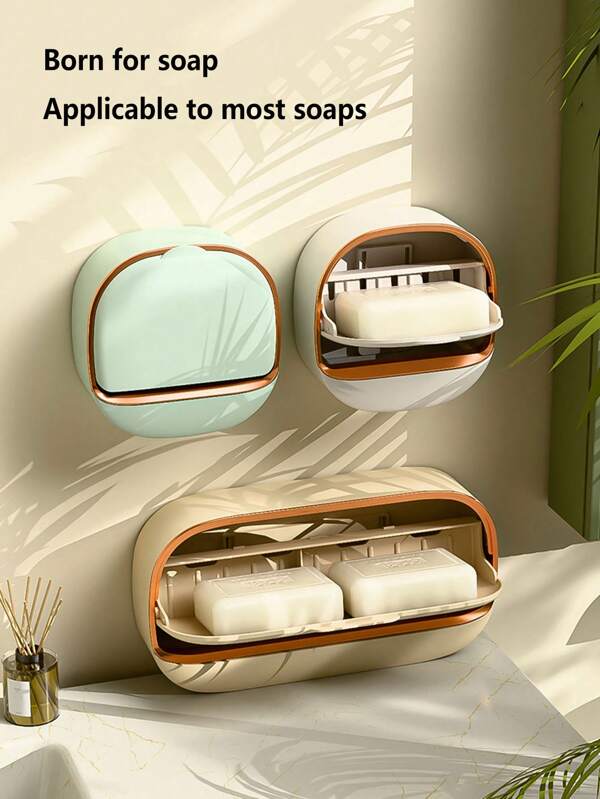 1 pieza Jabonera de lujo con bandeja de drenaje, portajabón impermeable, portajabón impermeable para la ducha, jabonera de pared, jabonera de pared con tapa abatible para el baño Vuelta al colegio