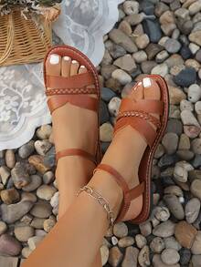 全新平底编织一脚蹬凉鞋，百搭平底罗马凉鞋，棕色、卡其色、黑色、白色 - 棕色 - 查看 4