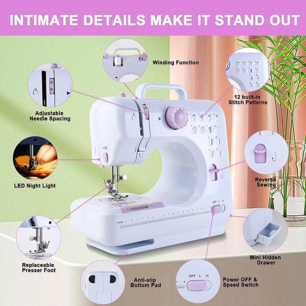 Dorm Electric Sewing Machine Portable Electric Sewing Machine Multifunctional Home Sewing Machine Repair Machine Adjustable Speed Overlock 12 Stitches Patterns Portable Household  For Jeans, Pillow, Doll, Clothes,