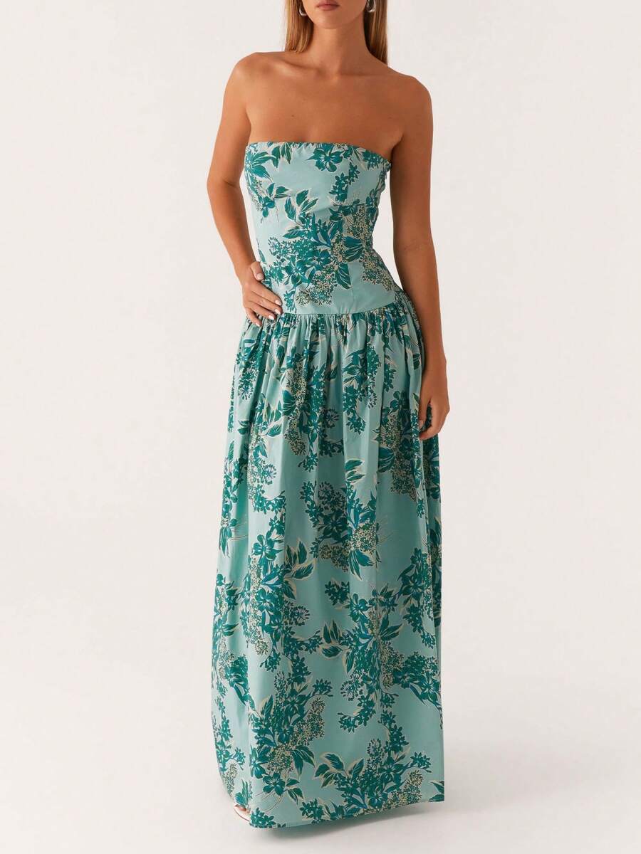 Women's Strapless Dress Stylish Dot Print/Floral Print Sleeveless Tube Long Dress For Summer - Green - View 1