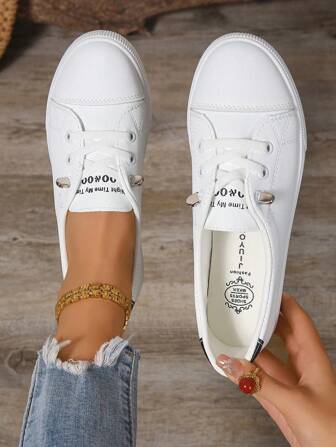 Plus Size Women White Sneakers, Fashion Flat Casual Lace-Up Sport Shoes For School, Versatile Trainers (Please Order One Size Up As The Shoes Run Small)