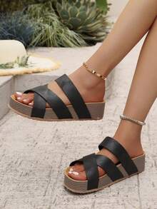 Women's Solid Color Flat Sandals, Elegant Fashion Woven Detail Lightweight, Comfortable Summer Beach Slippers, Suitable For Mother's Day - Black - View 3