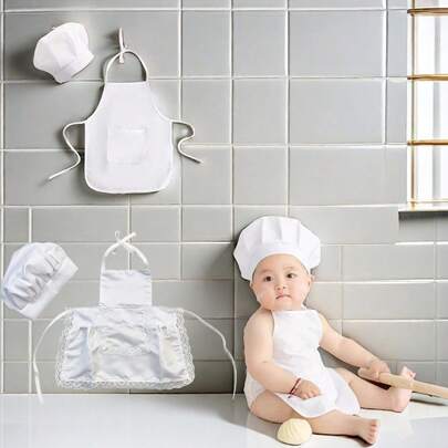 厨师围裙和帽子照片套装婴儿摄影服装可手洗涤纶家居烹饪服装围裙配件