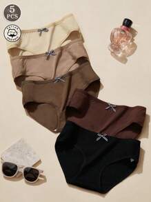 5 piezas de bragas de algodón para mujer con detalle de moño, ropa interior de triangulo de cintura media con unicolor y cómoda