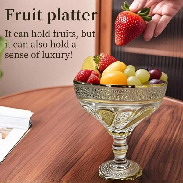 1 Pc Luxurious European Style Glass Fruit Bowl/Stand, Candy Tray, Home Decor, Suitable For Fruit, Snack, Bread, Restaurant, Office