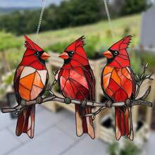 A Colorful Glass Hanging Window Decoration With Three Cardinals, 2D Acrylic Sign, Sun Catcher, All Season Decoration, Multi-Functional Bird Theme, Floral Wreath Decoration, Home And Garden Decoration, Perfect Gift For Friends, Garden And Lawn Accessories. - Multicolor - View 2