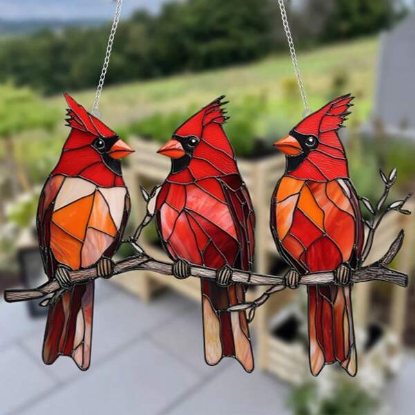 A Colorful Glass Hanging Window Decoration With Three Cardinals, 2D Acrylic Sign, Sun Catcher, All Season Decoration, Multi-Functional Bird Theme, Floral Wreath Decoration, Home And Garden Decoration, Perfect Gift For Friends, Garden And Lawn Accessories.