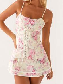 Women's Bustier Corset Mini Dress Spaghetti Straps Backless Low Cut Short Dresses Summer Floral Boho Sundress - 粉色 - 查看 2