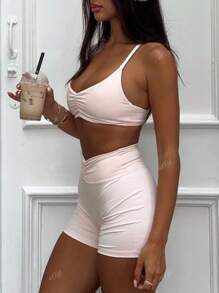 2pcs Women Fashionable Sexy & Comfortable Marl-Color Casual Sporty Set