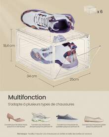 SONGMICS Boîtes à Chaussures, Lot de 6, avec Porte, Rangement de Chaussure en Plastique, Empilable, Montage Facile, 34 x 25 x 18,4 cm, Jusqu'à la Pointure 44, Blanc Transparent - Transparent - Voir 3