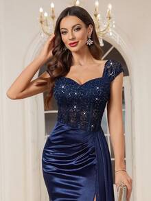 MIUSOL Vestido Largo de Fiesta, Gala, Formal y para Invitada de Boda con Cuello de Corazón Satinado, Abertura Lateral y Drapeado, con Encaje y Lentejuelas Florales - Azul Marino - Ver 11