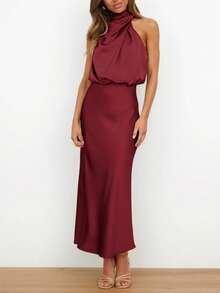 畅销欧美时尚女式缎面无袖酒红色中长连衣裙，优雅百搭晚礼服 - 酒紅色 - 查看 3