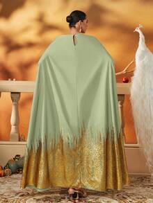 Váy dạ hội dài trang trọng lấy cảm hứng từ Kaftan xanh lá cây vàng với hạt cườm nặng và viền kim loại, váy dạ hội thanh lịch, kín đáo - Quả xanh - Xem 2