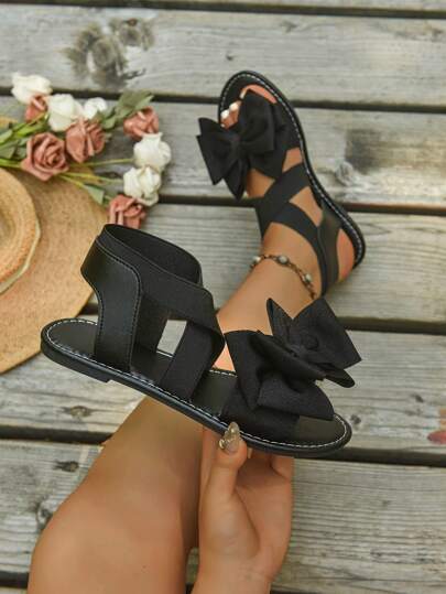 Women's Wide Width Flat Sandals, Fashion Elastic Band Comfy Loose Breathable Outdoor Casual Lightweight Sandals, Suitable For Party, Beach, Versatile & Elegant