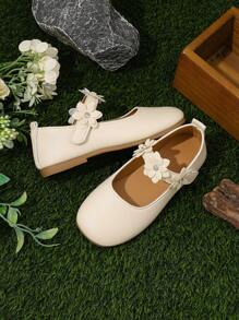 1 Pair Girls Adjustable Floral Design Flat Shoes, Round Toe, TPR Anti-Slip Sole, Comfortable & Lightweight, Suitable For 5-14 Years Old Girls, For School, Party, Dance And Casual Wear, All Seasons