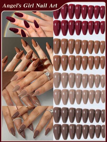 96 件（4 种混合）长杏仁红色和咖啡色尖头按压指甲短丙烯酸指甲尖全覆盖假指甲哑光尖头按压指甲，包含 1 件果冻胶和 1 件指甲锉，带收纳盒，适合女性和女孩日常生活和派对使用指甲用品指甲