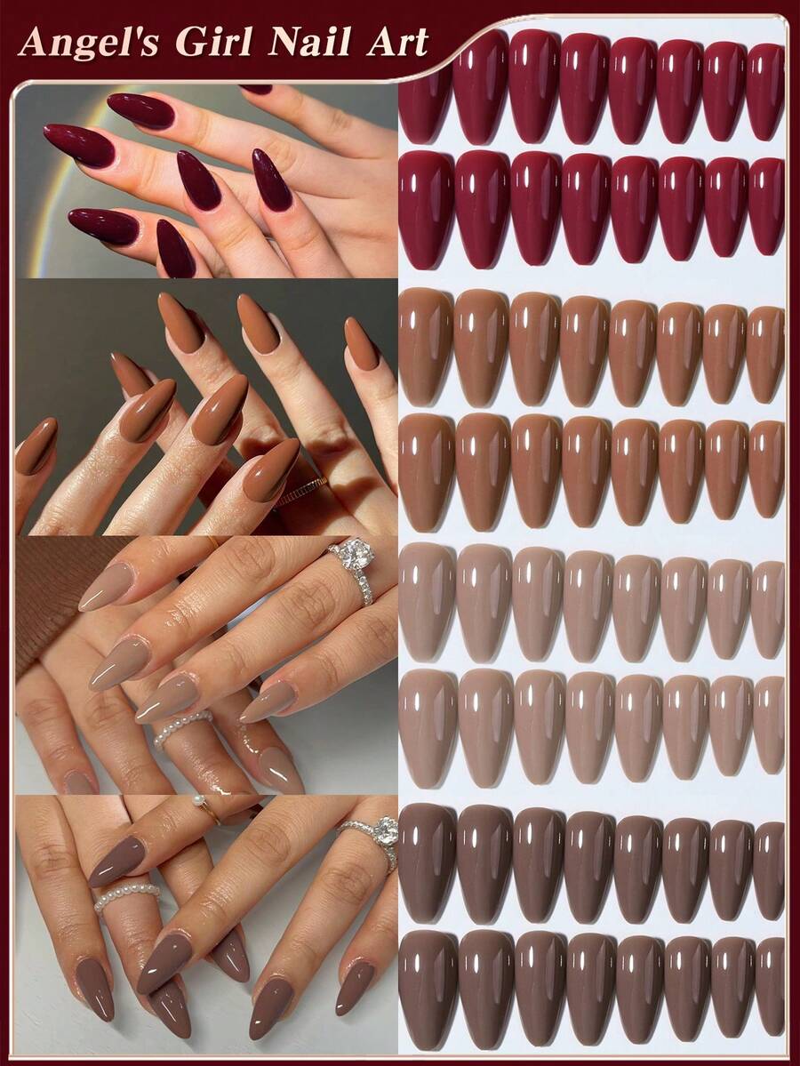 96 pezzi (4 colori misti) Unghie finte a mandorla lunghe di colore rosso e caffè, punte acriliche corte, unghie finte a copertura completa con finitura opaca. Contiene 1 colla gel e 1 lima per unghie, con scatola di conservazione. Adatto per uso quotidiano e per feste per donne e ragazze. - Multicolore - Visualizzare 1