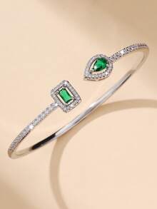 1 chiếc vòng tay dạng vòng hở, thiết kế hình vuông giọt nước tối giản thời trang, đồng Zirconia khảm siêu nhỏ, đeo hàng ngày & làm quà tặng ngày lễ tình nhân - màu xanh lá - Xem 3
