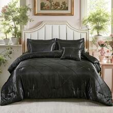 Black Satin Queen Comforter Set With Sheet Set Silk Like Satin Bedding Set Geometric Plaid Pinch Pleat Luxury Bedding Comforter 8 Pieces Satin Bed Set For Women And Females Bedroom Decor With 1 Comforter  4 Pillowcases 1 Flat Shhet 1 Fitted Sheet 1 Cushion Cover - Black - View 3