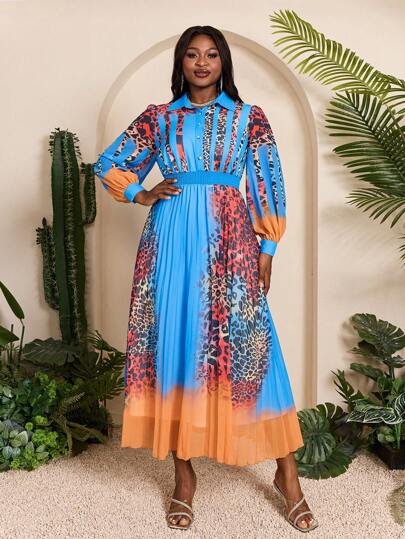 Mgiacy-Lady,New Arrival,Shirt Collar,Printed,Vivi,Plus-Size Traditional African Dress,Sunray,Lantern Sleeve,Long Dress