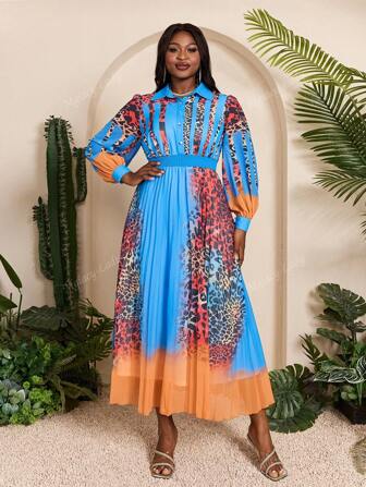 Mgiacy-Lady,Nieuwe aankomst,Overhemdkraag,Bedrukt,Vivi,Plus-size traditionele Afrikaanse jurk,Sunray,Lantern Sleeve,Lange jurk