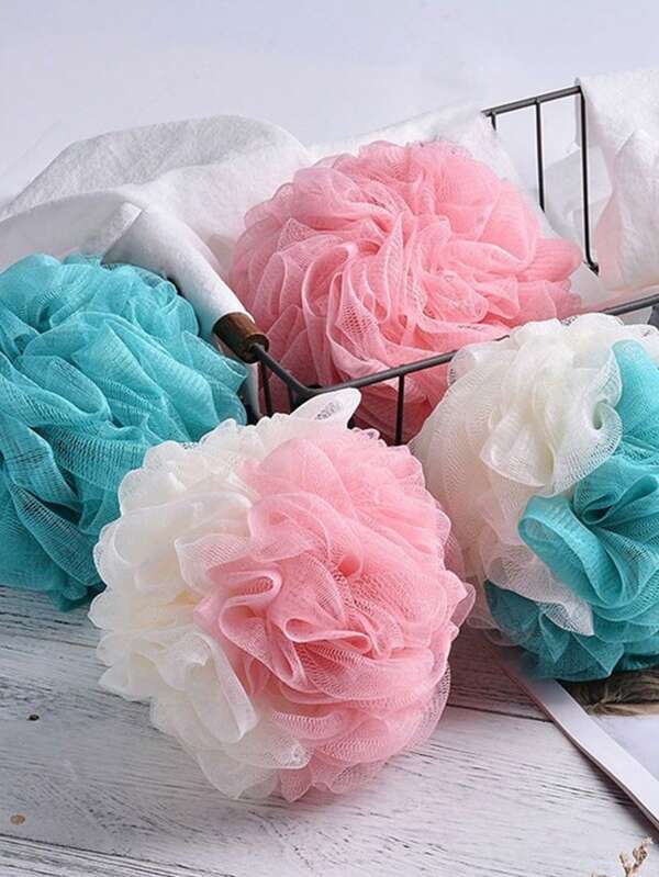 [4pcs Exfoliating Loofah Puffs Sponge] 4pcs Lace Super Exfoliating Home Spa Shower Loofah Puffs Sponge, Pouf Mesh Brush, Bath Spa Puff Scrubber Ball For Face Body, Rich Foams Bubble Mesh Shower Loofa, Bathing Flower Ball, Bath Sponges Mesh Ball For Body Wash Back Scrubber, Bathroom Accessories