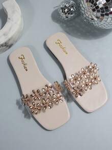 女士夏季户外水晶一脚蹬拖鞋，2025年新款，适合搭配连衣裙，透明花卉图案，海滩度假平底凉鞋 - 金色 - 查看 6