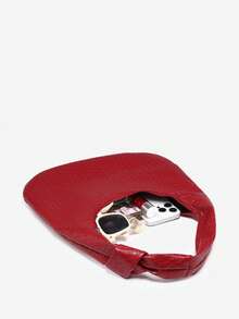 1pc Women's Vintage Minimalist Casual Angola Red Faux Woven Artificial Leather Large Capacity Shoulder Bag Suitable For Outing, Dating, Commuting - Red - View 5