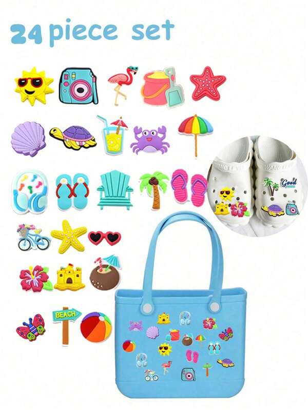 24 piezas de encantos de goma con temática de playa tropical azul para bolsos, accesorios para bolsos y zapatos tipo zuecos, insertos de PVC y goma para bolsos de playa, decoración para bolsos de mano y accesorios para fiestas en la playa