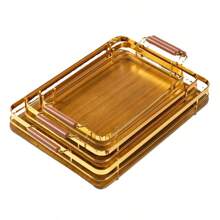 1 tavă dreptunghiulară combinată din fier și lemn, tavă de servire minimalistă din bambus și lemn cu mâner metalic, potrivită pentru acasă, cafenea, hotel