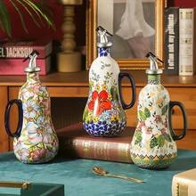 1 pieza Dispensador de aceite de cerámica, bomba de aceite de oliva de cerámica pintada a mano y asa, botella de aceite de cocina, patrón floral elegante, gran capacidad, accesorio de cocina, adecuado para la decoración de la cocina del hogar - Multicolor - Ver 2