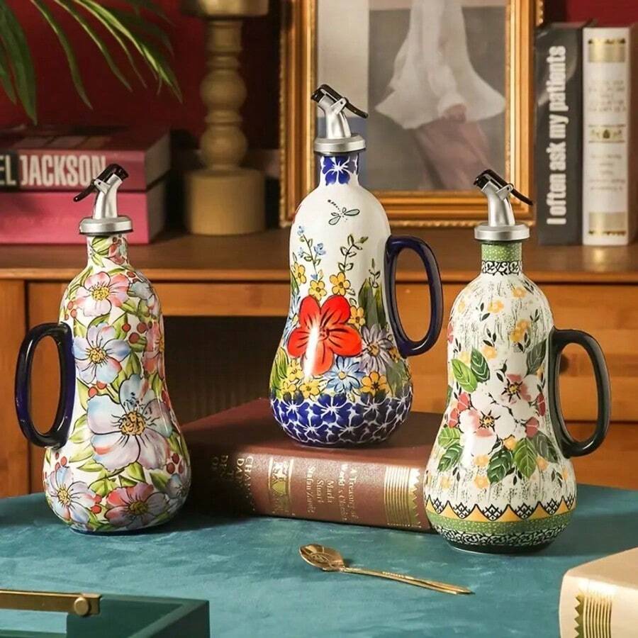 1 pieza Dispensador de aceite de cerámica, bomba de aceite de oliva de cerámica pintada a mano y asa, botella de aceite de cocina, patrón floral elegante, gran capacidad, accesorio de cocina, adecuado para la decoración de la cocina del hogar