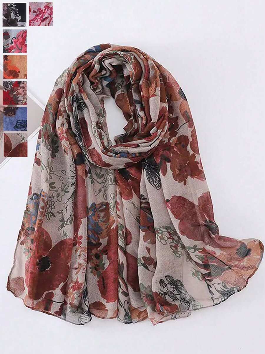 Balinese Floral Print Scarf Shawl - Multicolor - View 1