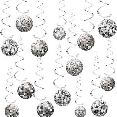 36개 디스코 볼 장식, 디스코 파티 장식, 70년대 디스코 볼 걸이 장식, 디스코 파티 걸이 스트리머, 실버 천장 장식, 레트로 디스코 피버 파티, 생일 파티, 여름 하와이 파티에 적합