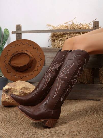 FVPFVP Fall/Winter Vintage Embroidered Western Cowboy Boots For Women, New 2025 Summer Riding Boots, Chunky Heel Brown Long Boots, Slim Fndy Women Shoes