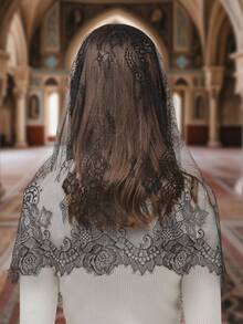 Velo de novia de boda bordado negro/blanco, velo mantilla de encaje floral católico, velo de iglesia negro, chal de encaje hueco blanco marfil tocado de mujer para ropa de otoño - Velo - Ver 2