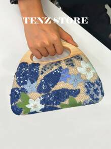 1pc Random Pattern Design Wicker Bag, Sculptedstyle Colorful PVC Sequin Floral Pattern Mesh Embroidery Wooden Handle Women's Clutch Bag, Fashion Sparkly Vacay Vibes Summer Bag For Leisure, Holiday Party/ Vacation, Fits All Vanilla Style, Suitable For Beach Mode On, Vacay Romance, Summer Vibes
