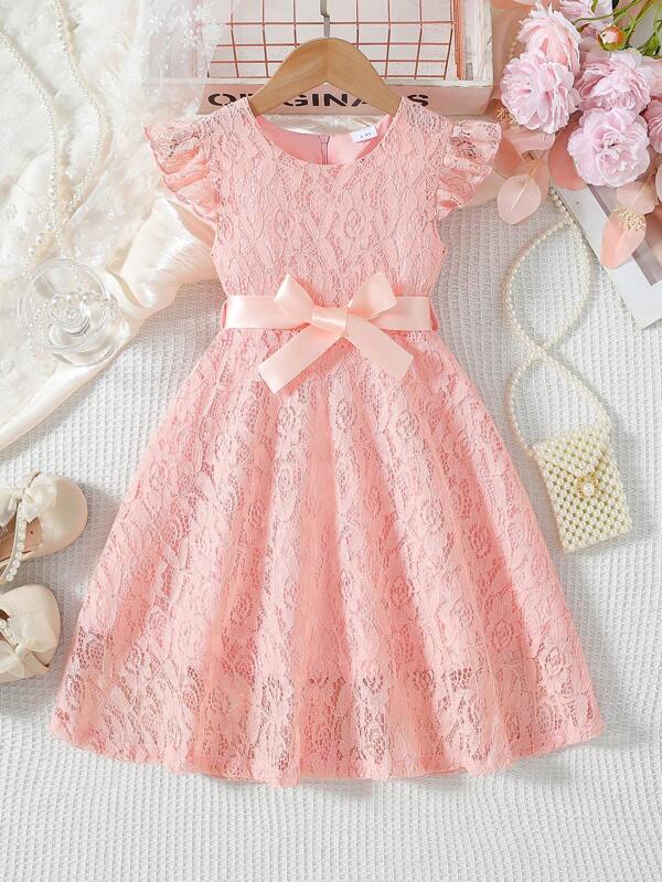 coviviky Young Girls Sweet Lace Dress With Cap Sleeves, Round Neck, Solid Color With Waistband, Elegant For Party, Wedding, Summer