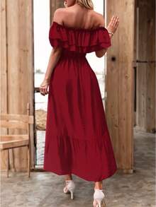 Vestido Largo Campesino de Hombros Descubiertos y Detalle de Holan para Mujer - Rojo violeta - Ver 2