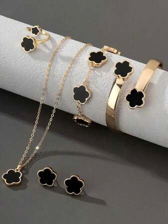 6 Pieces/Set Of Girls' Same Color Lucky Flower Decoration Accessories, 1 Pair Of Earrings, 1 Necklace, 1 Bracelet, 1 Bracelet, 1 Ring Set Suitable For Daily Use