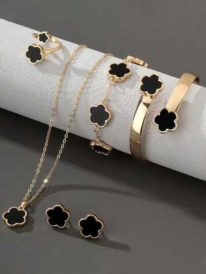 Juego de 6 piezas de accesorios de decoración de flor de la suerte del mismo color para niñas, 1 par de aretes, 1 collar, 1 pulsera, 1 pulsera, 1 anillo, adecuado para uso diario