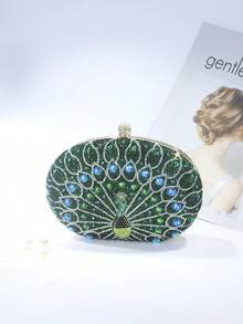 New Cross-Border Peacock Rhinestone-Embellished Retro Exotic Cross-Body Bag Evening Bag Exquisite High-End Dress Bag,Formal Gown Bag, Prom Clutch, Chain Strap Shoulder Bag, Wedding Purse, Metal Chains Clutch - Green - View 2