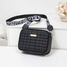New Fashion Solid Color Plaid Embroidered Camera Bag, Versatile Letter Strap With Metal Decor Crossbody Bag, Minimalist Style For Outdoor Travel, High-Quality Shoulder Bag - Black - View 3