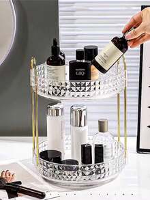 1pc 360° Rotating Makeup Organizer, Bathroom Storage Rack, Double-Layer Rotating Cosmetic Display Box, Suitable For Perfume, Skincare, Lipstick, Bathroom Vanity Top Storage, Desktop Decor, Holiday Gift - Multicolor - View 9