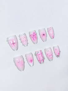 10 件 Y2K 芭蕾风格甜美杏仁形短款手工 3D 树脂水钻蝴蝶结和星星装饰按压式假指甲，可爱的芭蕾美学适合日常佩戴、约会、下午茶、外出美甲用品 - 彩色 - 查看 3