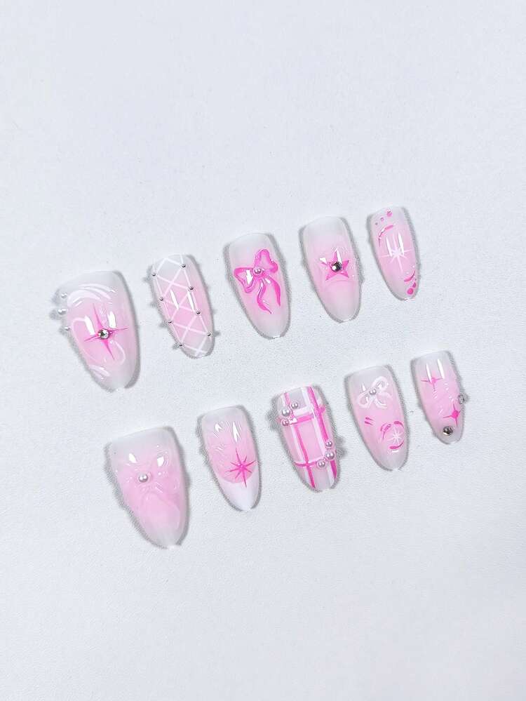 10 件 Y2K 芭蕾风格甜美杏仁形短款手工 3D 树脂水钻蝴蝶结和星星装饰按压式假指甲，可爱的芭蕾美学适合日常佩戴、约会、下午茶、外出美甲用品 - 彩色 - 查看 3