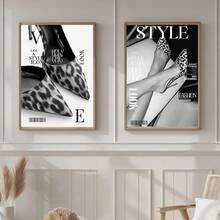 半幅复古杂志墙画，高跟鞋豹纹帆布画，奢华时尚海报，复古美学设计师装饰画，适用于客厅、卧室或宿舍，送她的礼物，不含画框 - 彩色 - 查看 2