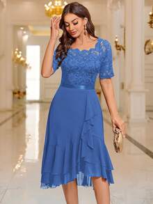 MIUSOL Floral Lace Patchwork Ruffle Hem Cocktail Party Dress, Formal Gown - Blue - View 2